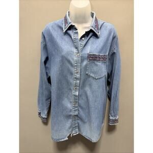 VINTAGE Gina Peters Womens Denim Blouse Medium Button Up In Living Color 90s
